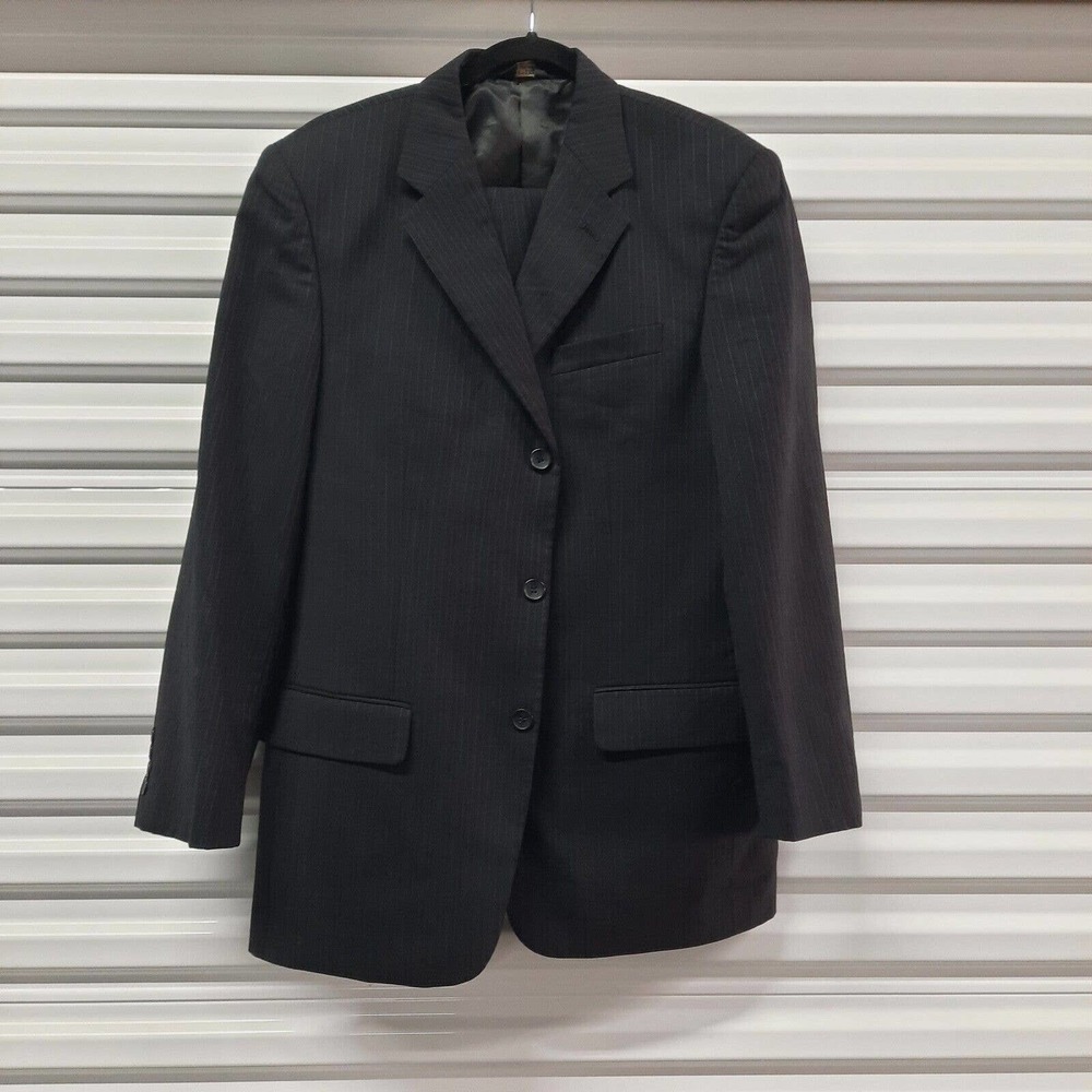 Montefino Uomo Suit Men 40R Black Stripe Merino Wool Single Breast Blazer Slacks